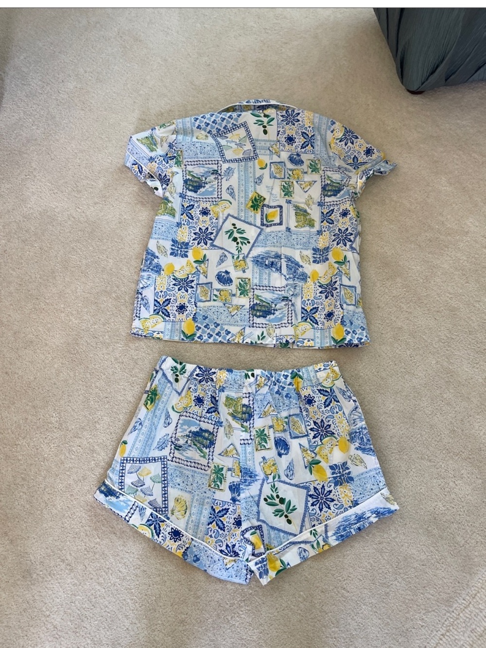 NWOT J. Crew Blue, Yellow & White Lemon Tile Print Short Pajama Set